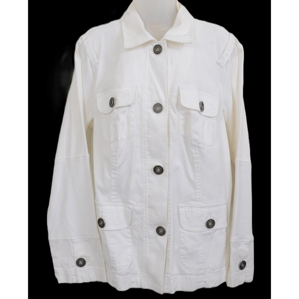 Avenue Jeans‎ PLUS 14/16 White Denim Pockets Safari Utility Jacket Travel Work